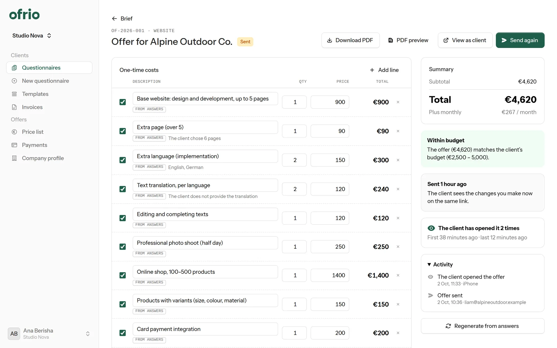 Offer created automatically from the client's answers
