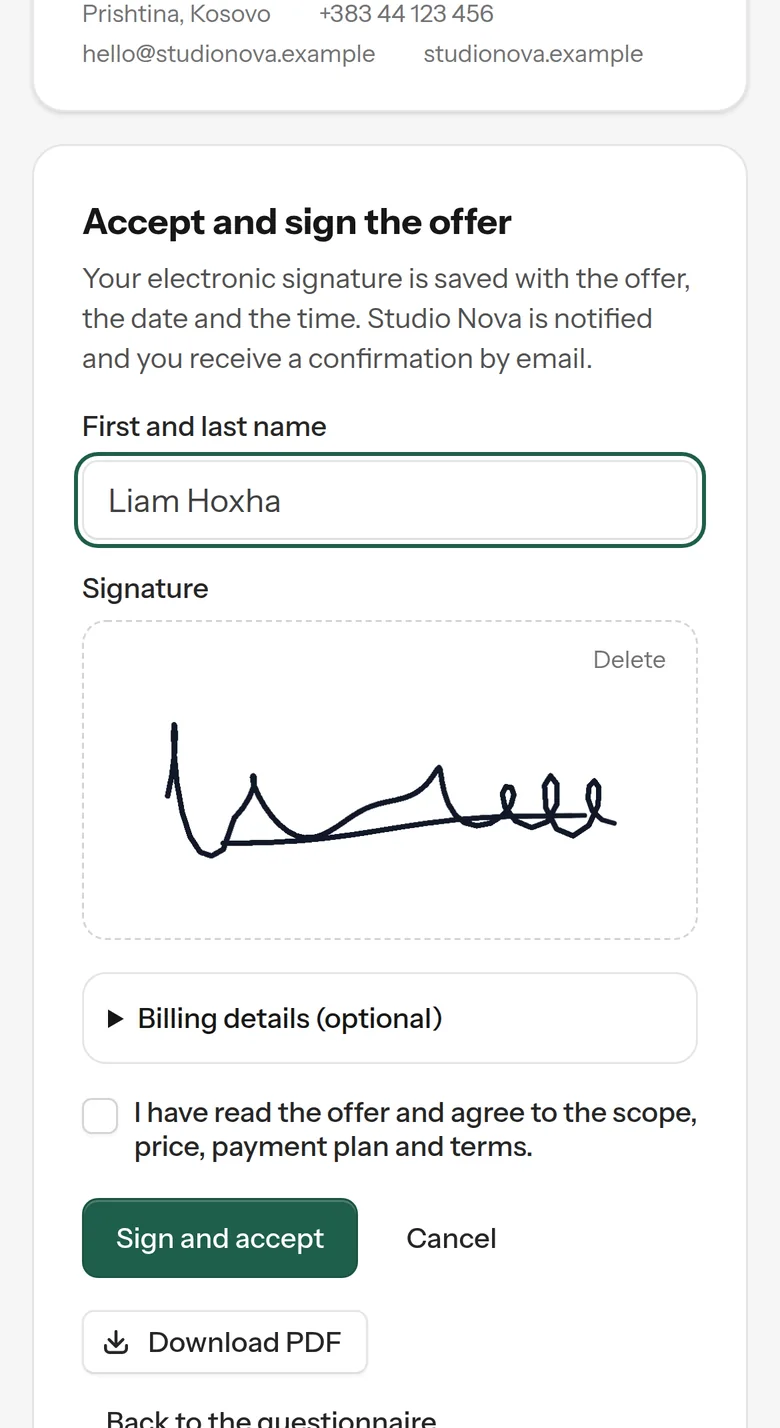 The client signs the offer on their phone